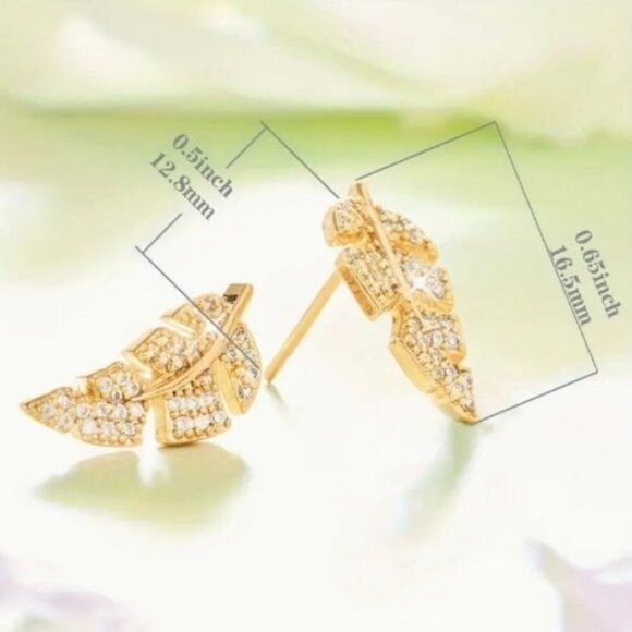 24k Gold Plated Diamond Leaf Earrings - Picture 5 of 7